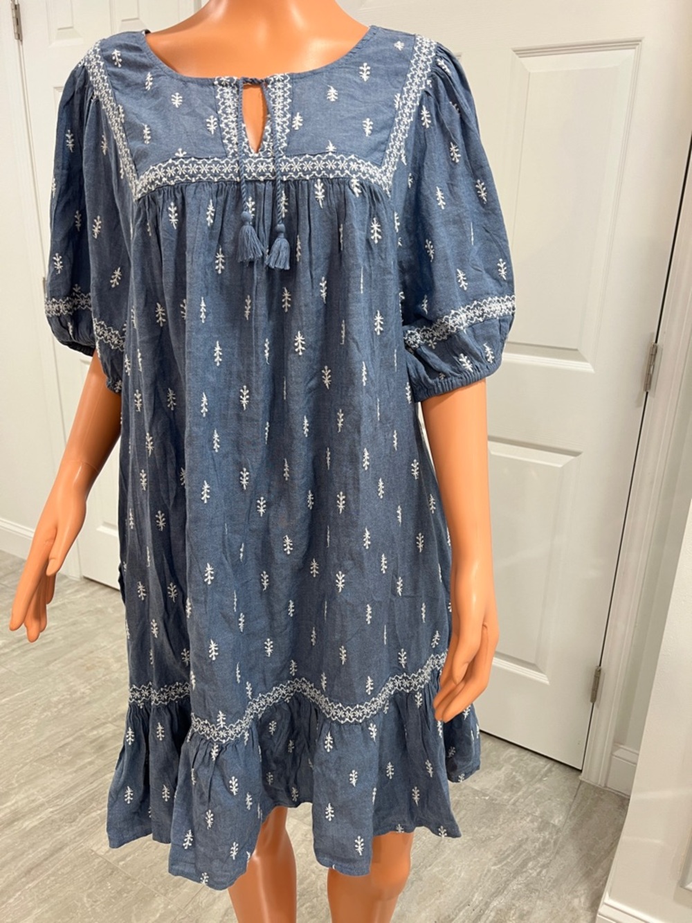 Old Navy Blue Embroidered Midi Dress with Tassel Tie